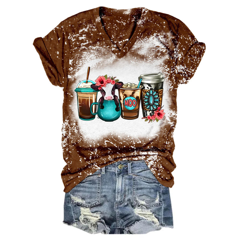 Blooms Brews Floral Babe Cow Coffee Drink Tie-Dye V-Neck T-Shirt